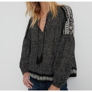 Lucky Brand Border Print Peasant Tunic Blouse Medium Black Polka Dot Boho